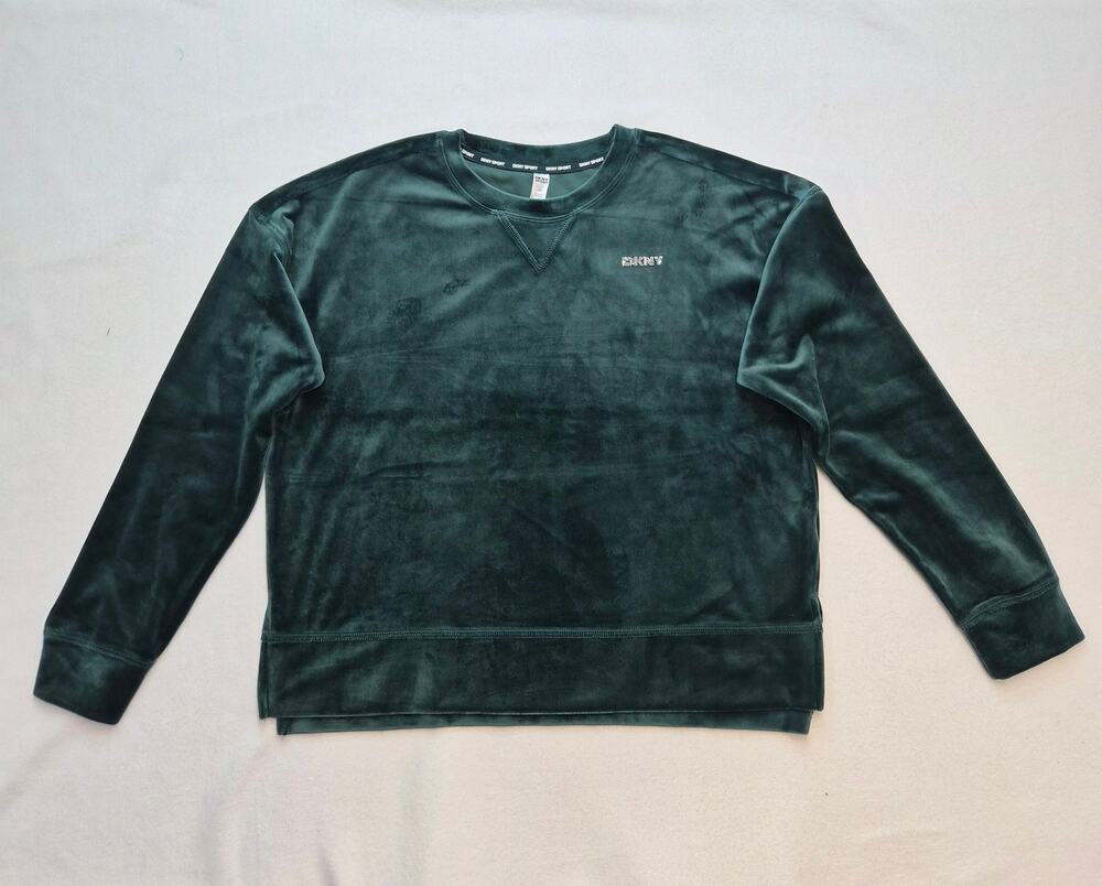 DKNY Sport Blue Green Velour Pullover Top Rhinestone Logo Women's S Luxe
